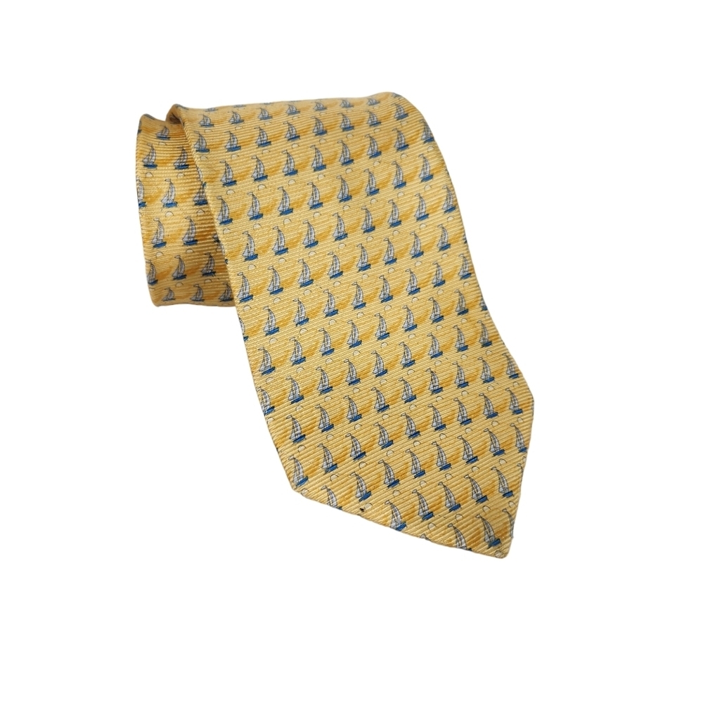 Tommy Hilfiger 100% Silk Vintage Sailboat Gold Blue Tie Evening Wear Men's